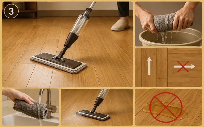 Step 3: Damp mop, never wet mop